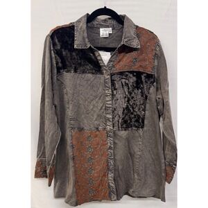Parsley & Sage Women's Patchwork Boho Button Front Shirt XL Velvet Artsy